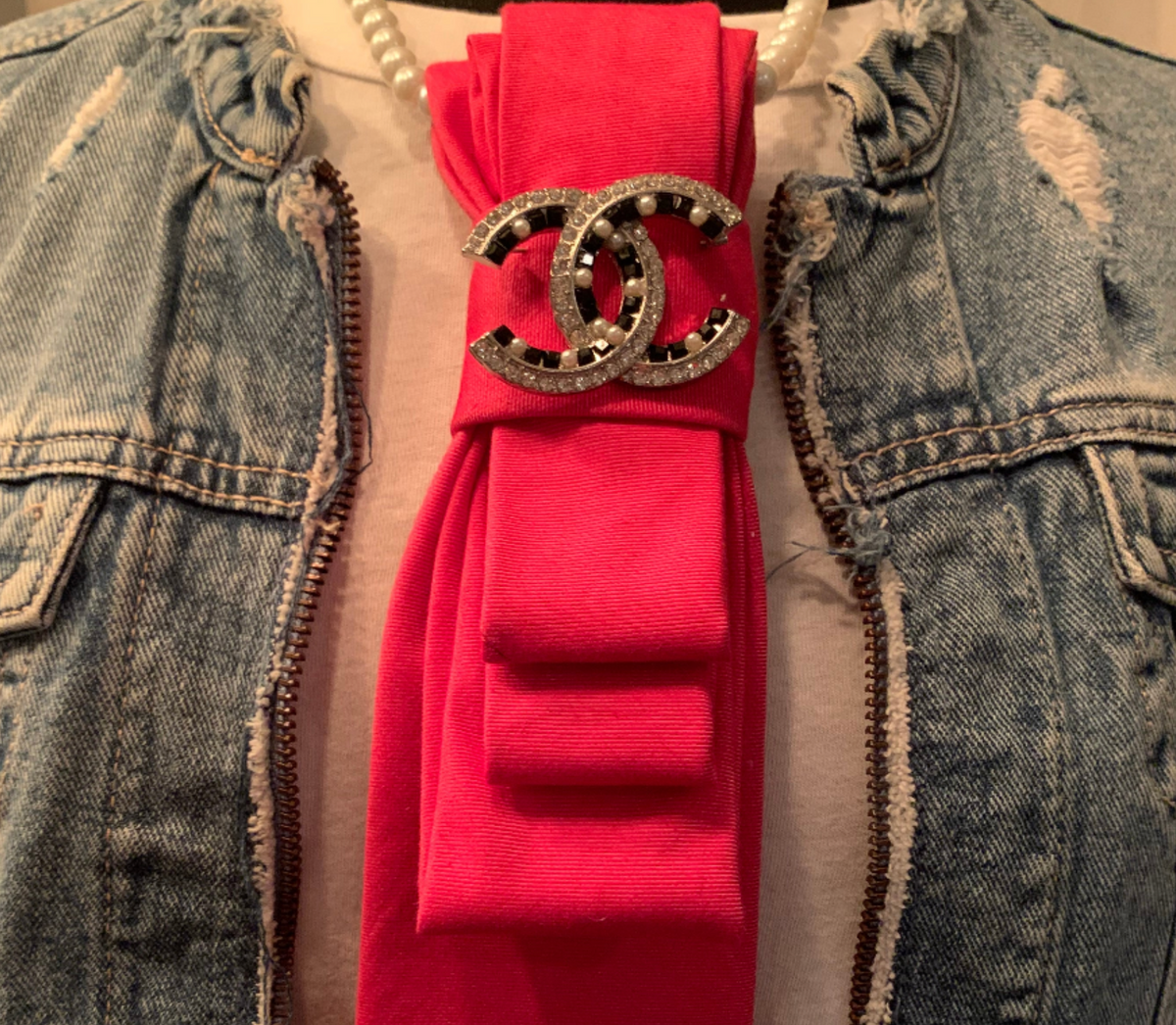 Heather Labas Red Tie Necklace with Jeweled Brooch