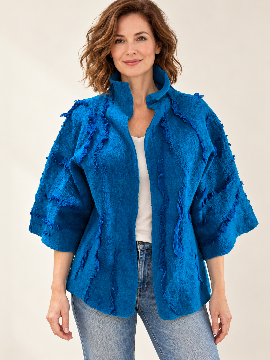 Electric Blue Silk and Wool pulled fiber open front Jacket