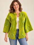 Front view of chartreuse textured open-front jacket with wide three-quarter sleeves