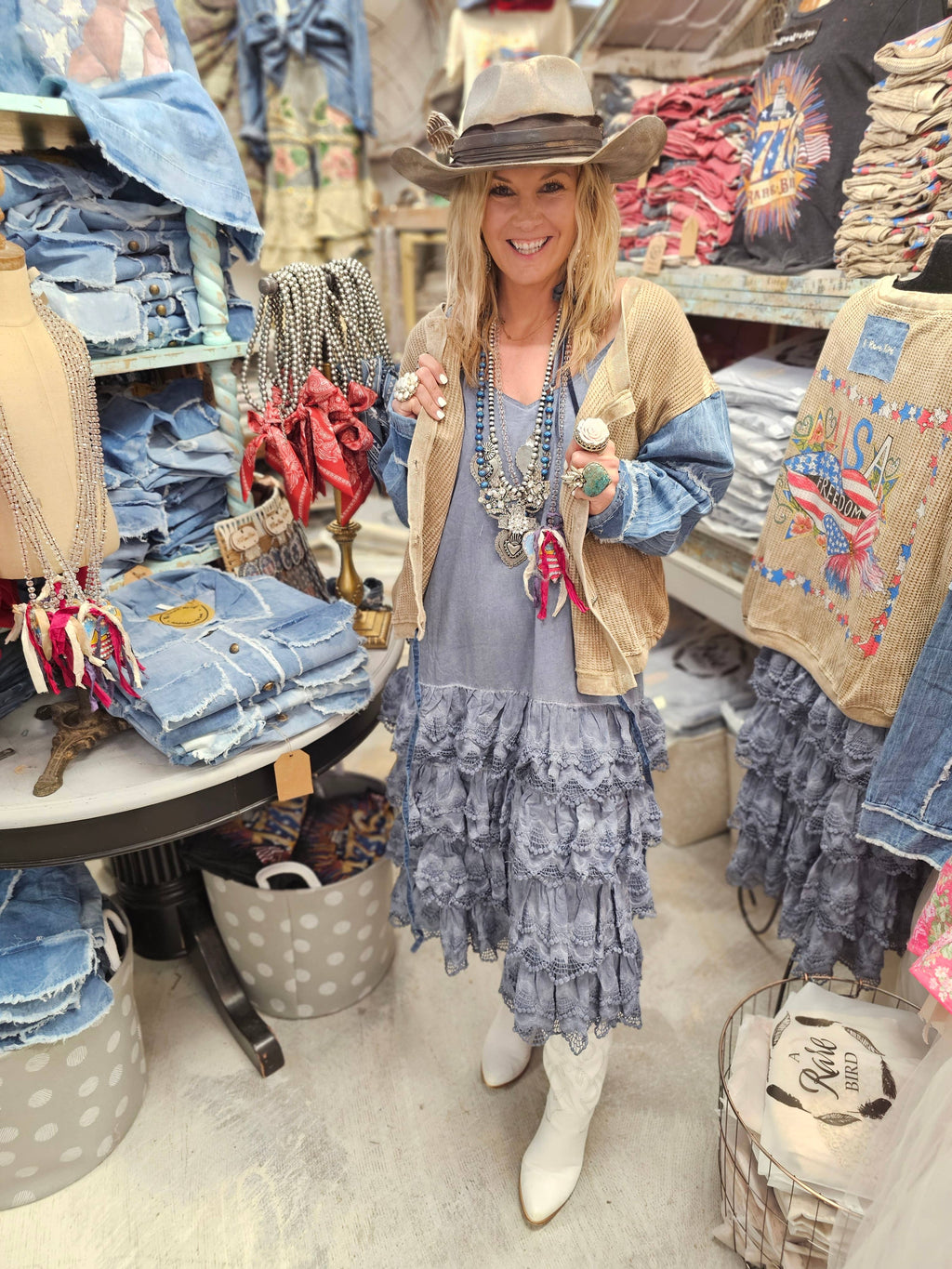 Rare Bird Denim Distressed Ruffle Slip Dress Blue