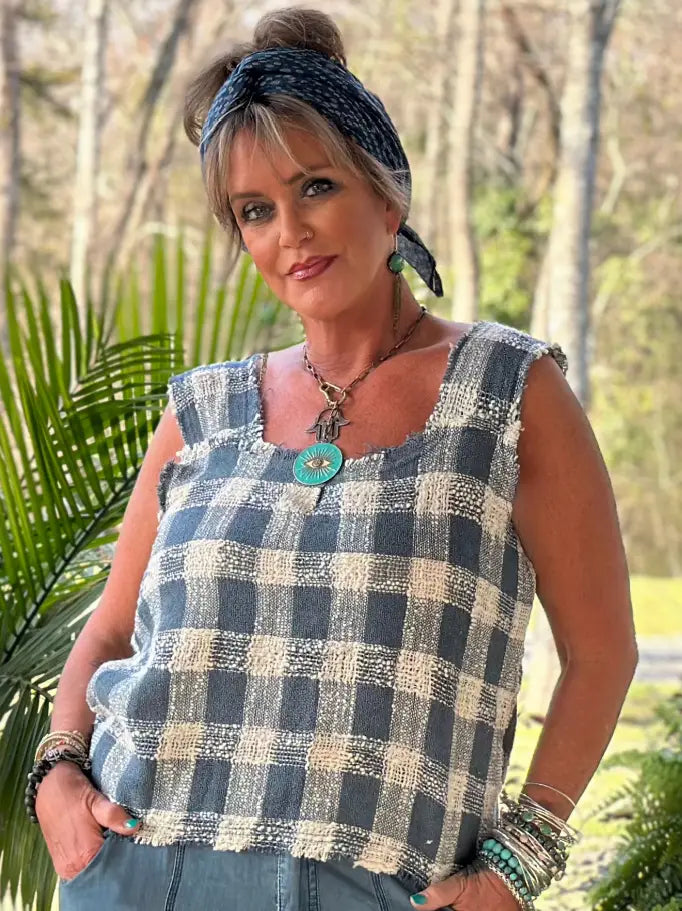 Jaded Gypsy Weaving about Tank Navy Gingham