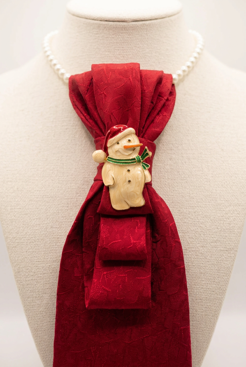 Cleaned-up red tie necklace with snowman accent