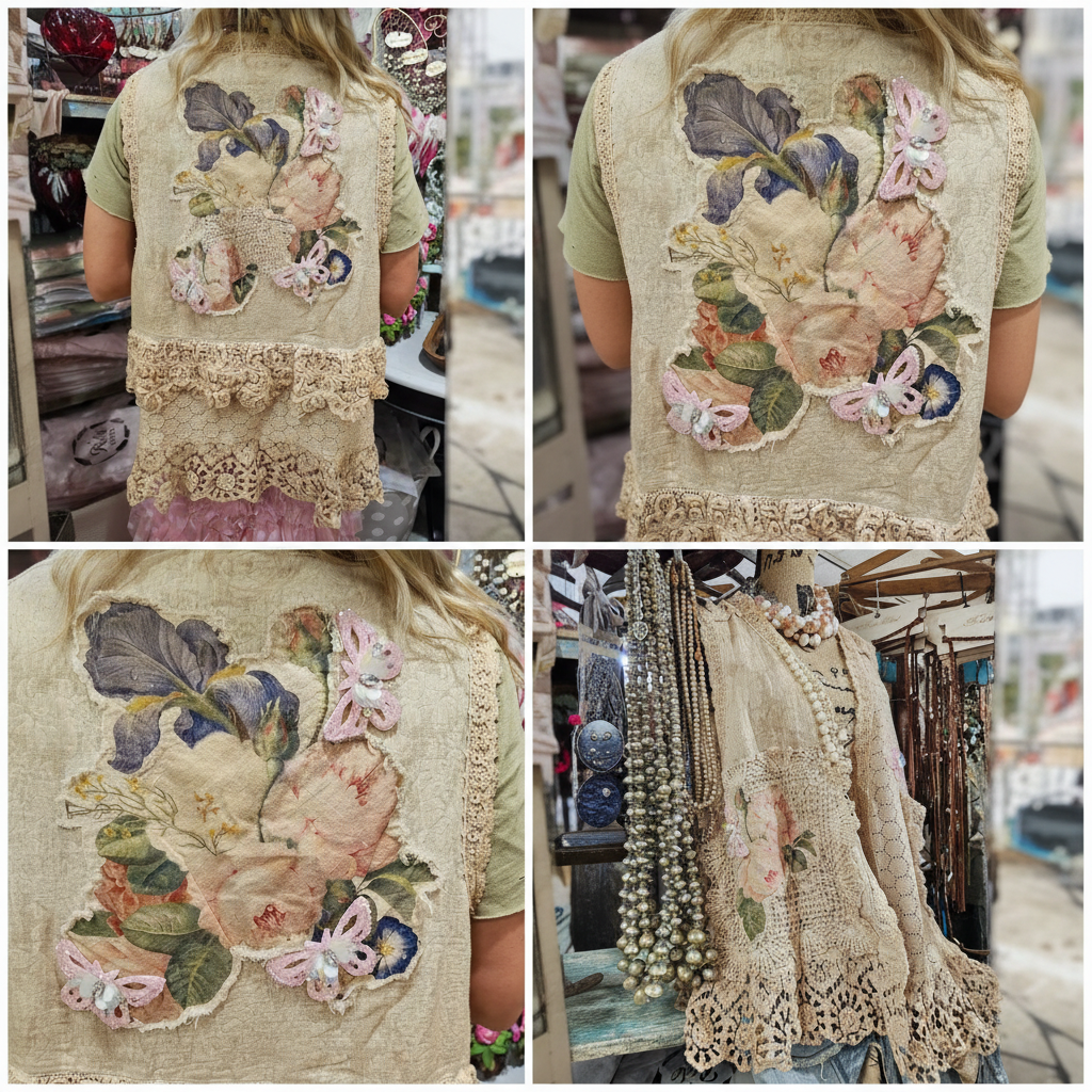 Collage of the crochet lace vest with floral appliqué