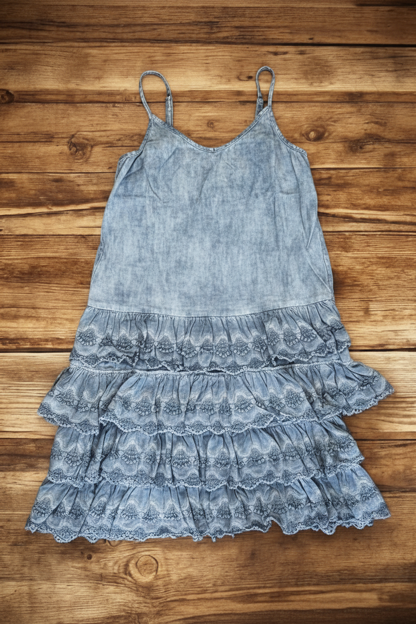 Denim Distressed Ruffle Slip Dress - Chambray Blue