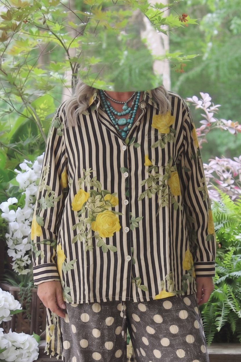 Star Dreamer Top - Front view, black and cream striped blouse with yellow rose print