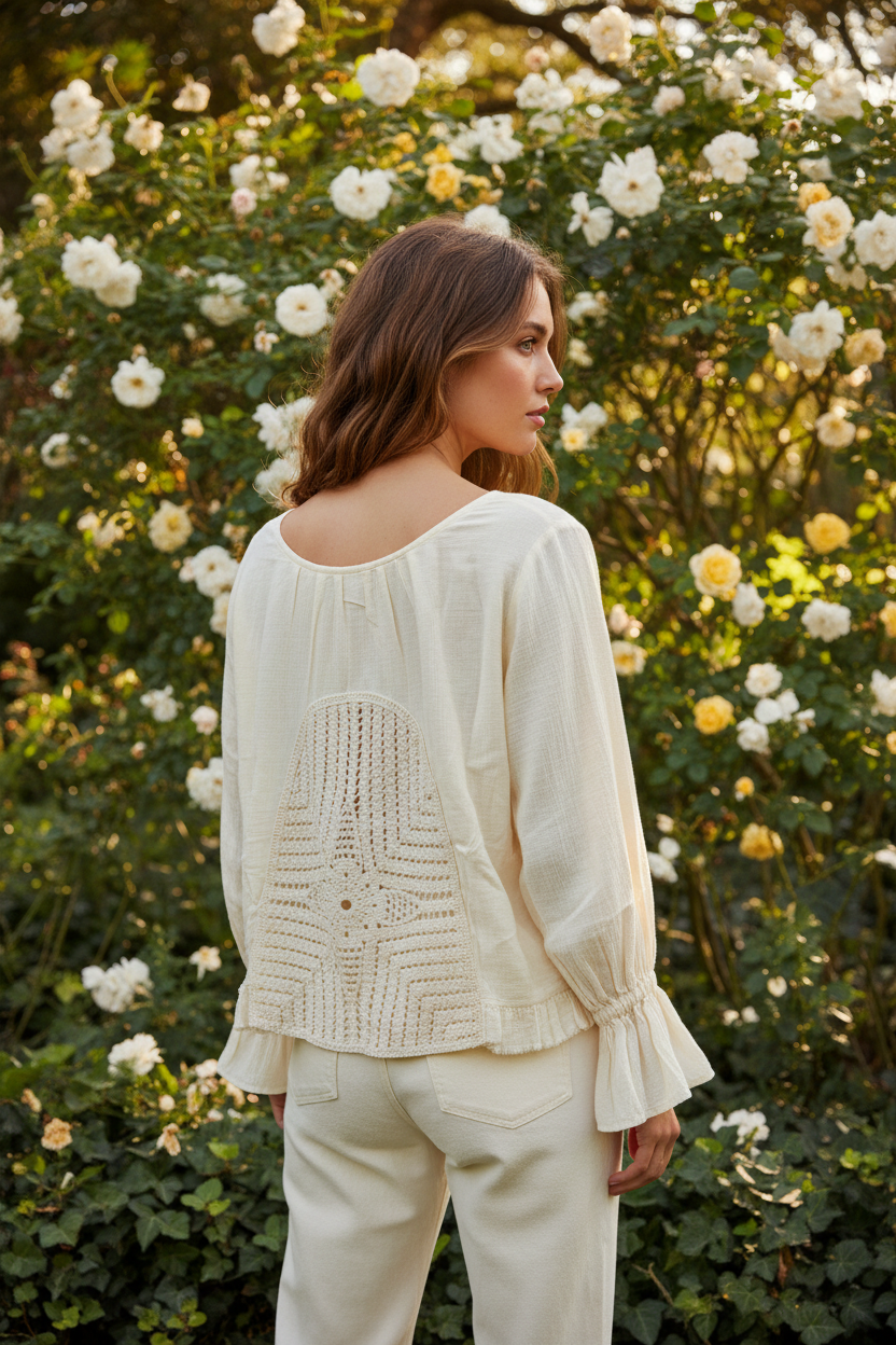 Model wearing Celestial Drift Top - Parchment, back view