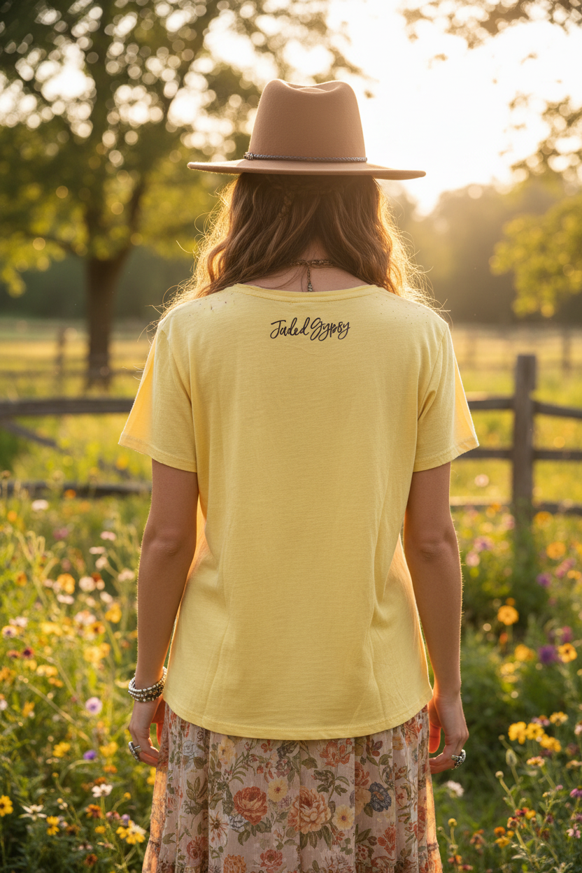 Model wearing Jaded Gypsy Moon Dance Tee Travel About, back view