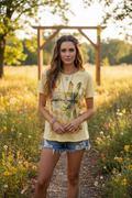 Model wearing Jaded Gypsy Moon Dance Tee Travel About, front view
