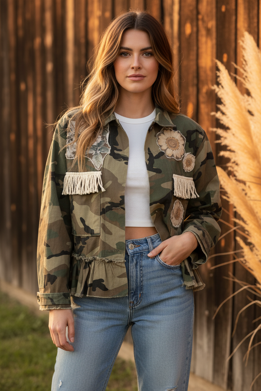 Jaded Gypsy Camo Floral Jacket on Model