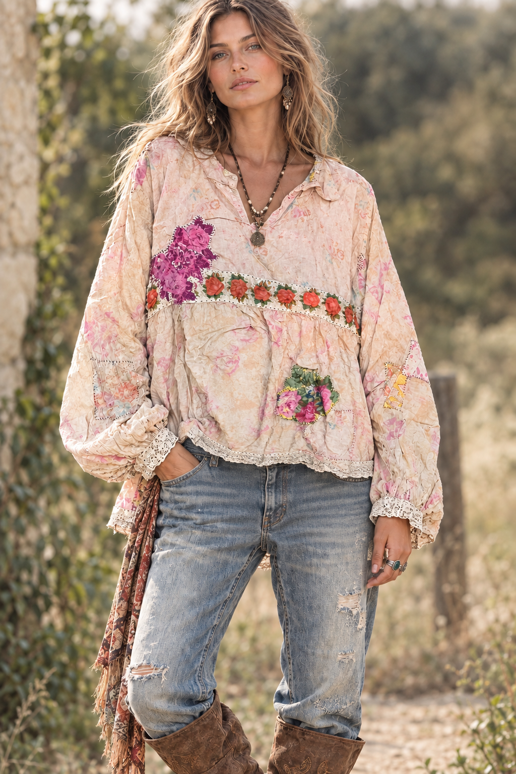 Model wearing the House of Jaded Gypsy Weathered Wildflower Top in Roses, shorter length