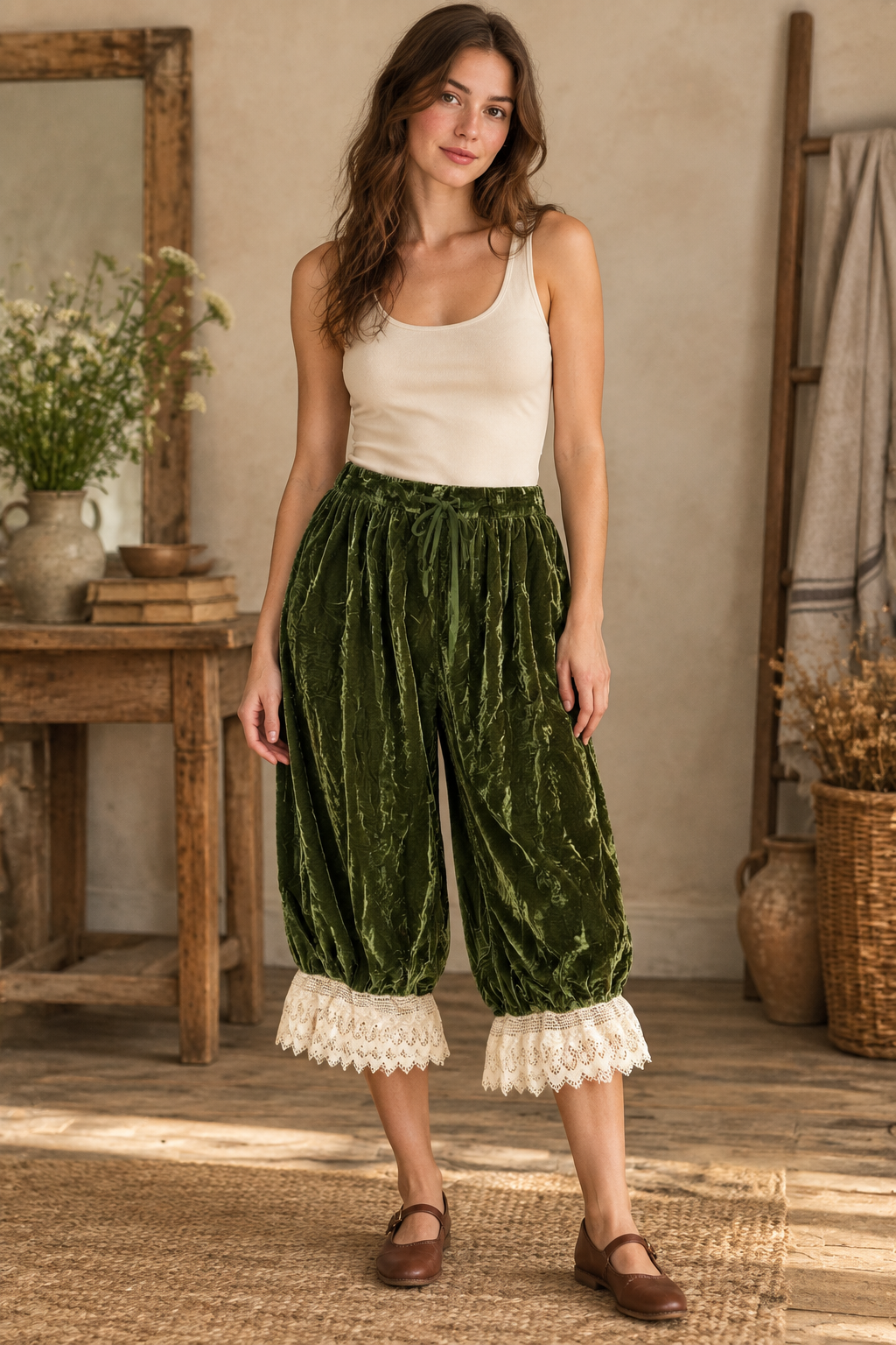 Model wearing the olive bloomers