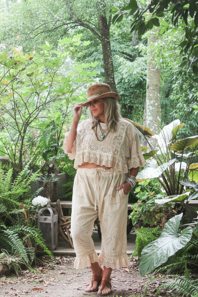 Oatmeal Eyelet Top on Model with Bloomers