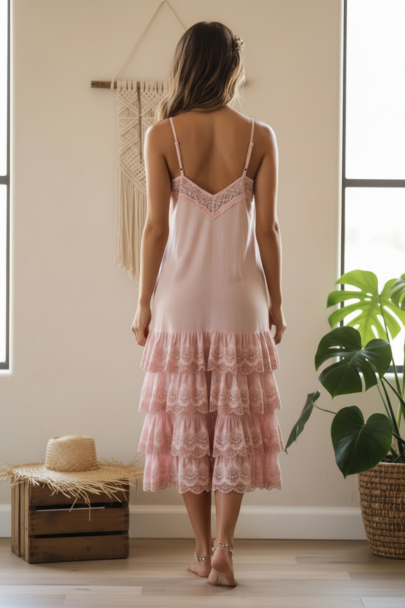 Rare Bird Pink Ruffled Slip Dress - Back View