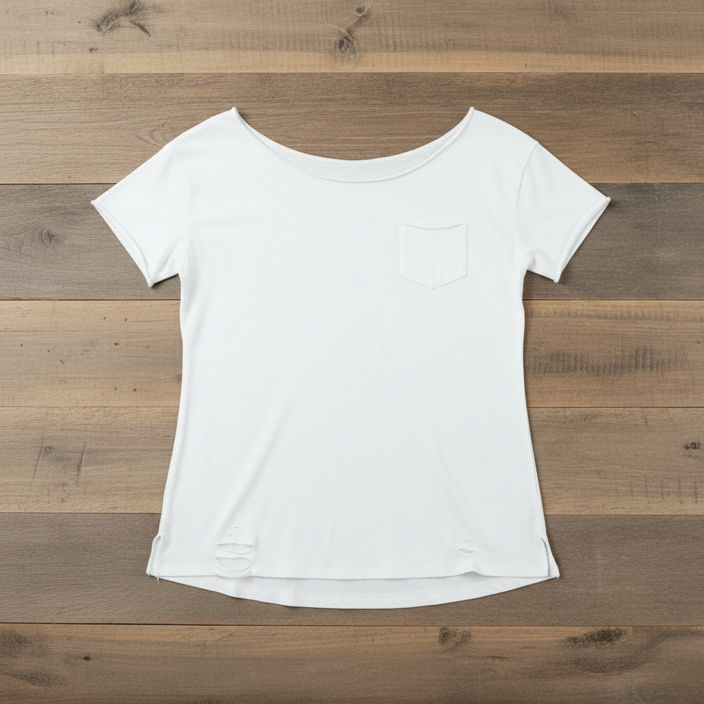 Ripped Pocket T – White Flat Lay