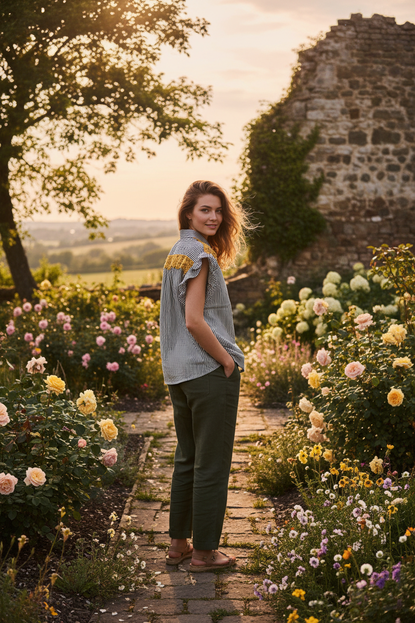 Striped Lace Top on Model in Romantic Setting