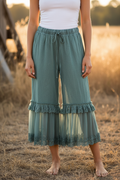 Teal Lace Ruffle Pants Full Length Model