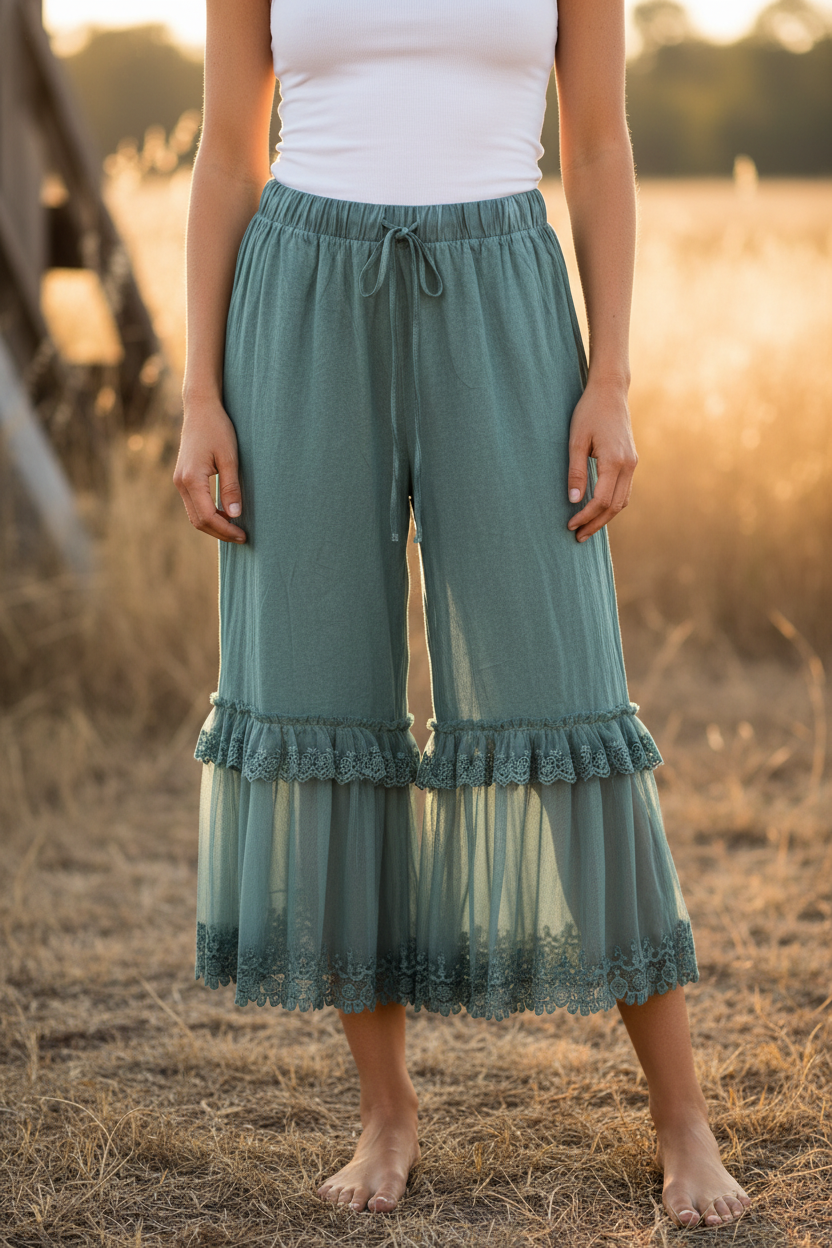 Teal Lace Ruffle Pants Full Length Model