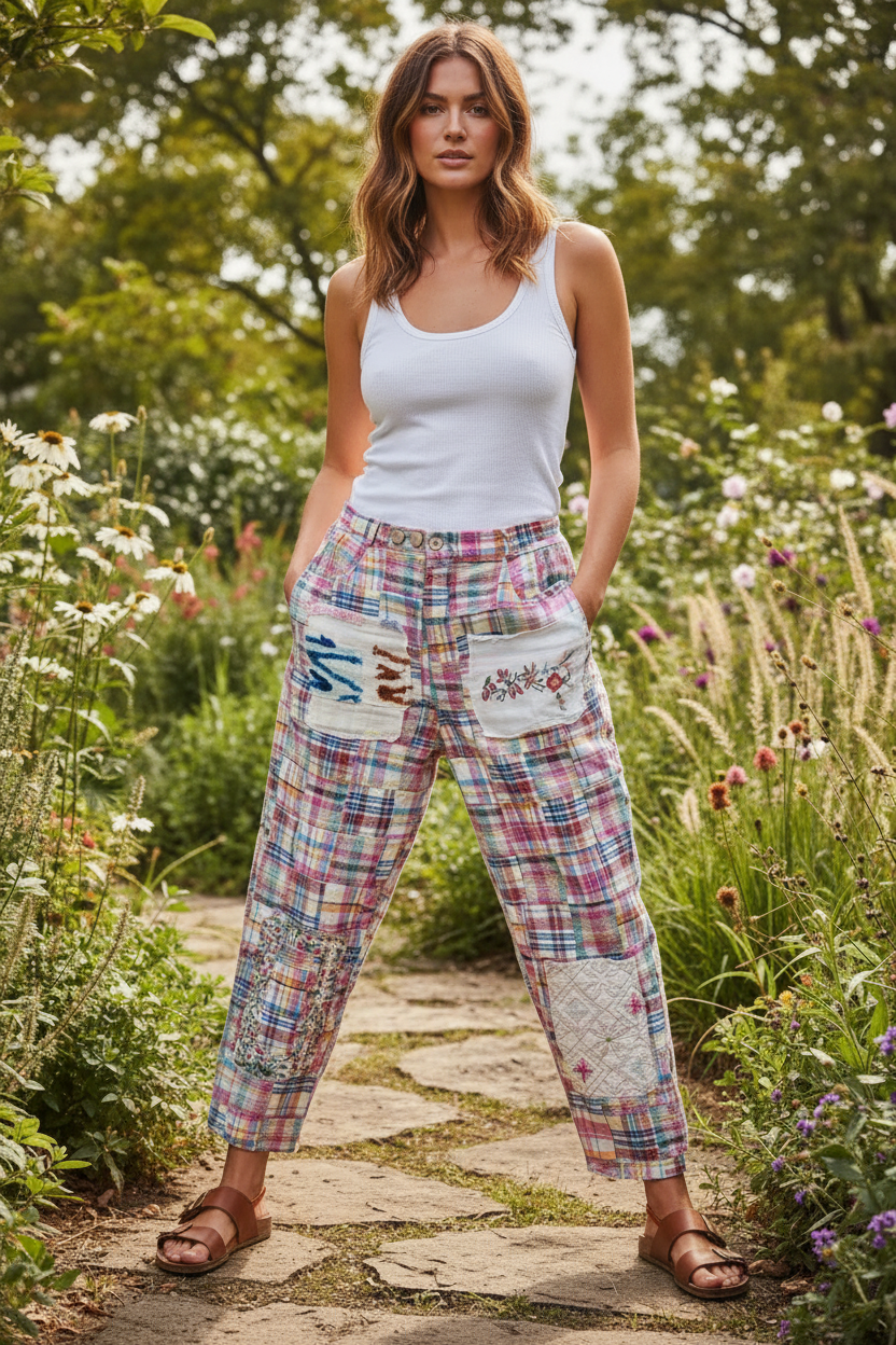 Traveling On Pants with White Tank Top on Model