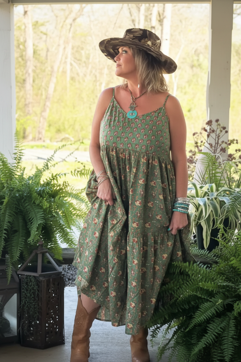 Vibrant lifestyle shot of boho floral maxi dress